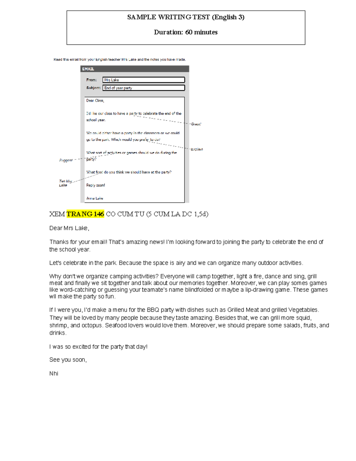 Sample Writing Test - English 3 (Duration: 60 min) - Studocu
