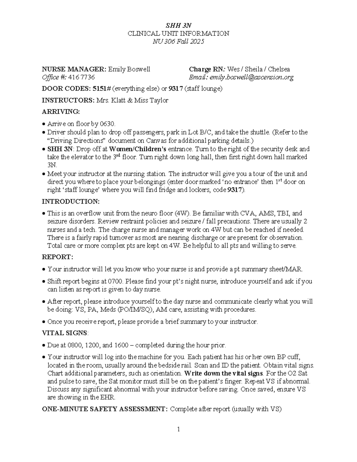NU 306 SHH 3N Clinical Unit Guidelines for Fall 2025 - Studocu
