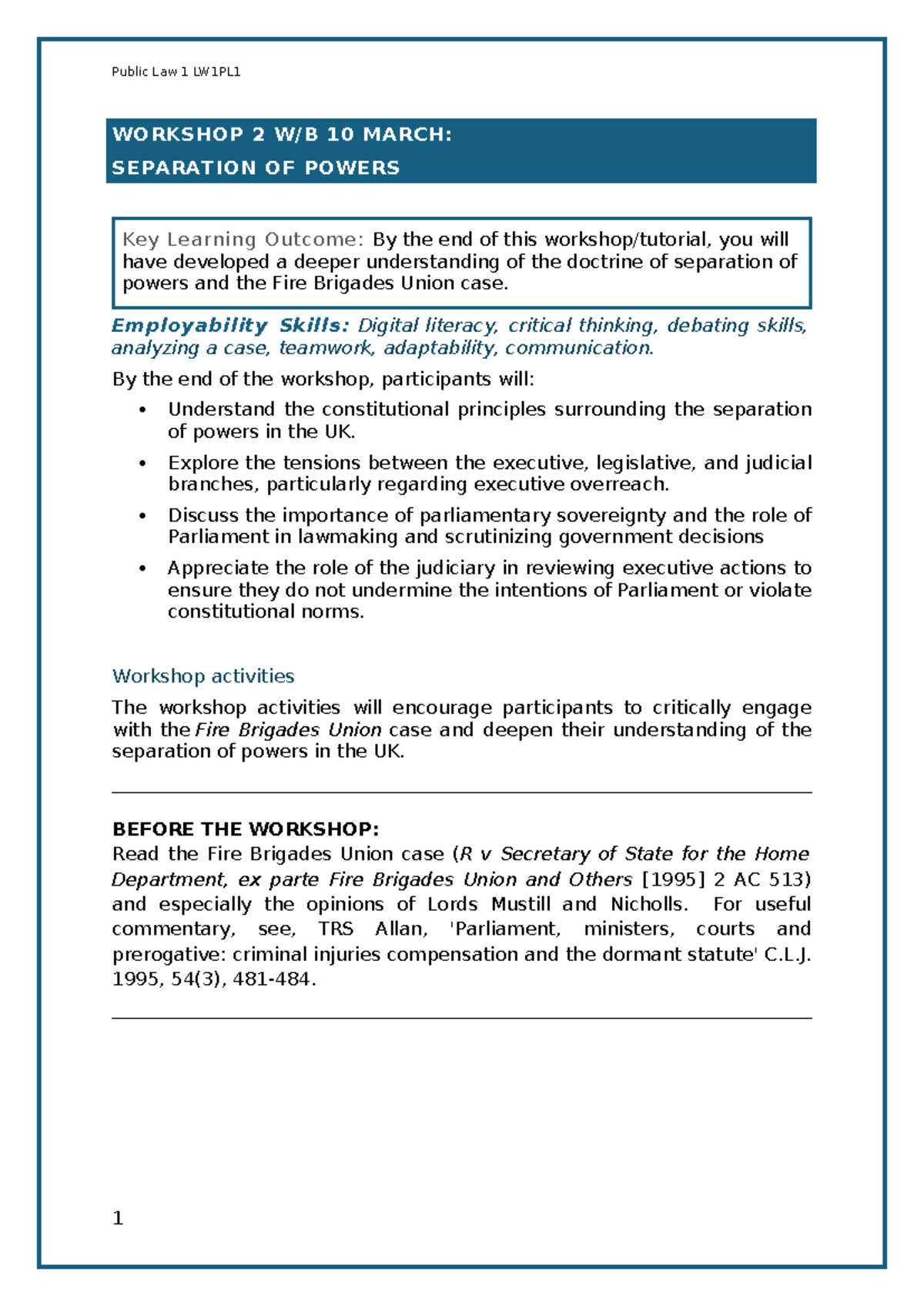 Public Law 1 LW1PL1 Workshop 2: Understanding Separation of Powers ...