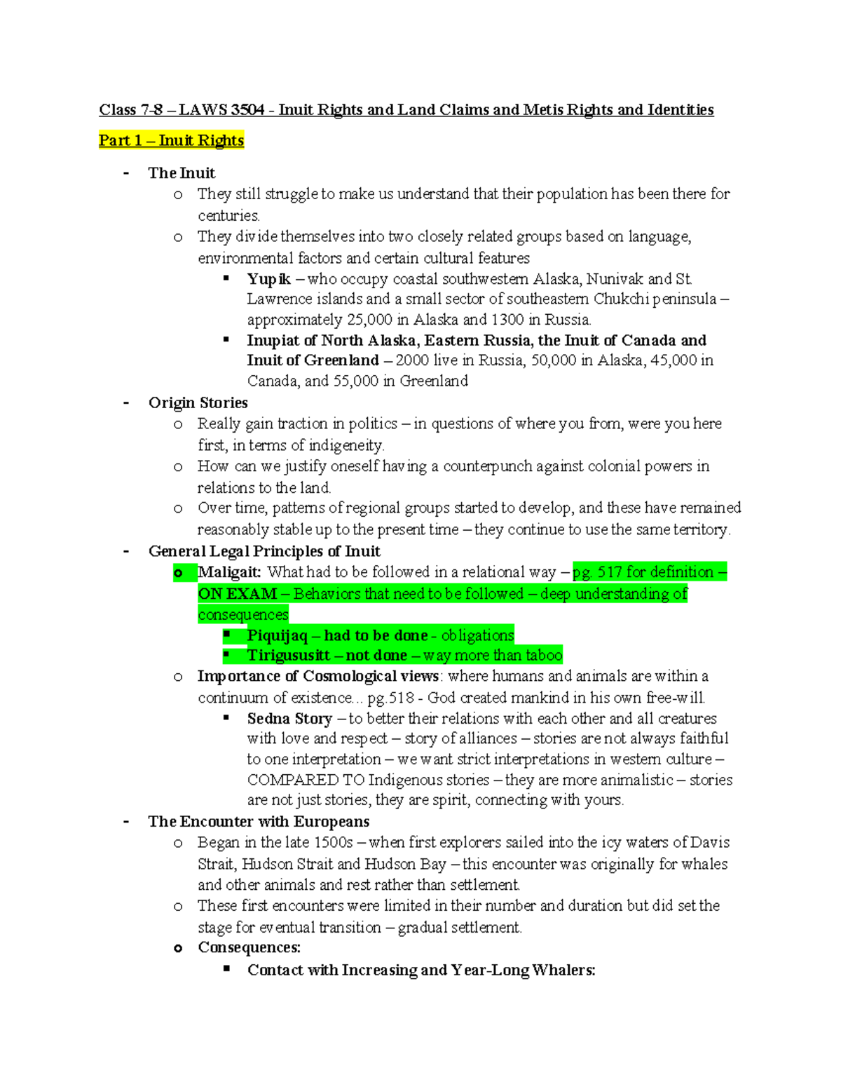 Week 7 & 8 Summary: Inuit Rights and Land Claims, Metis Identities ...