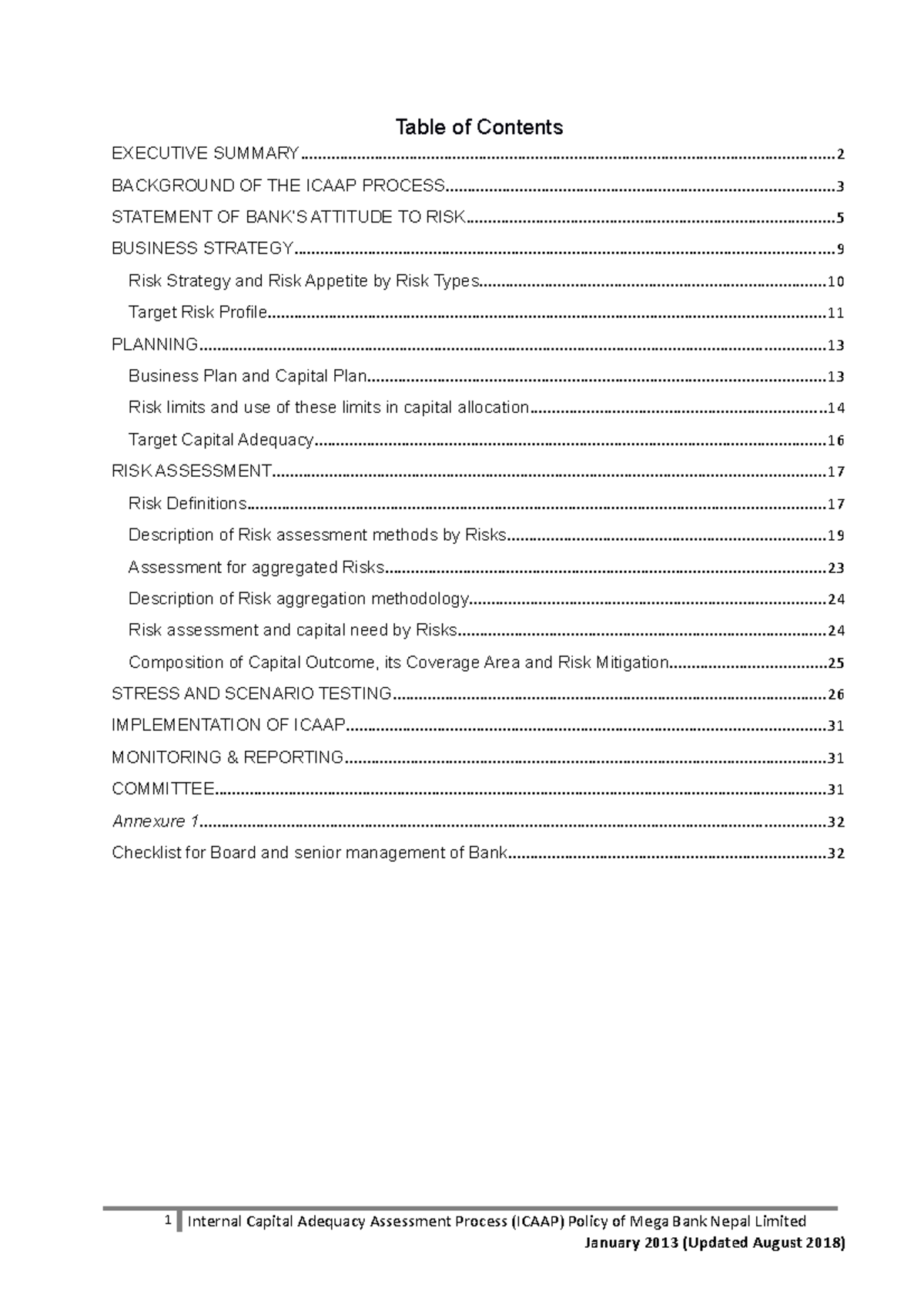 Icaap policy final 2018 - Table of Contents EXECUTIVE - Studocu