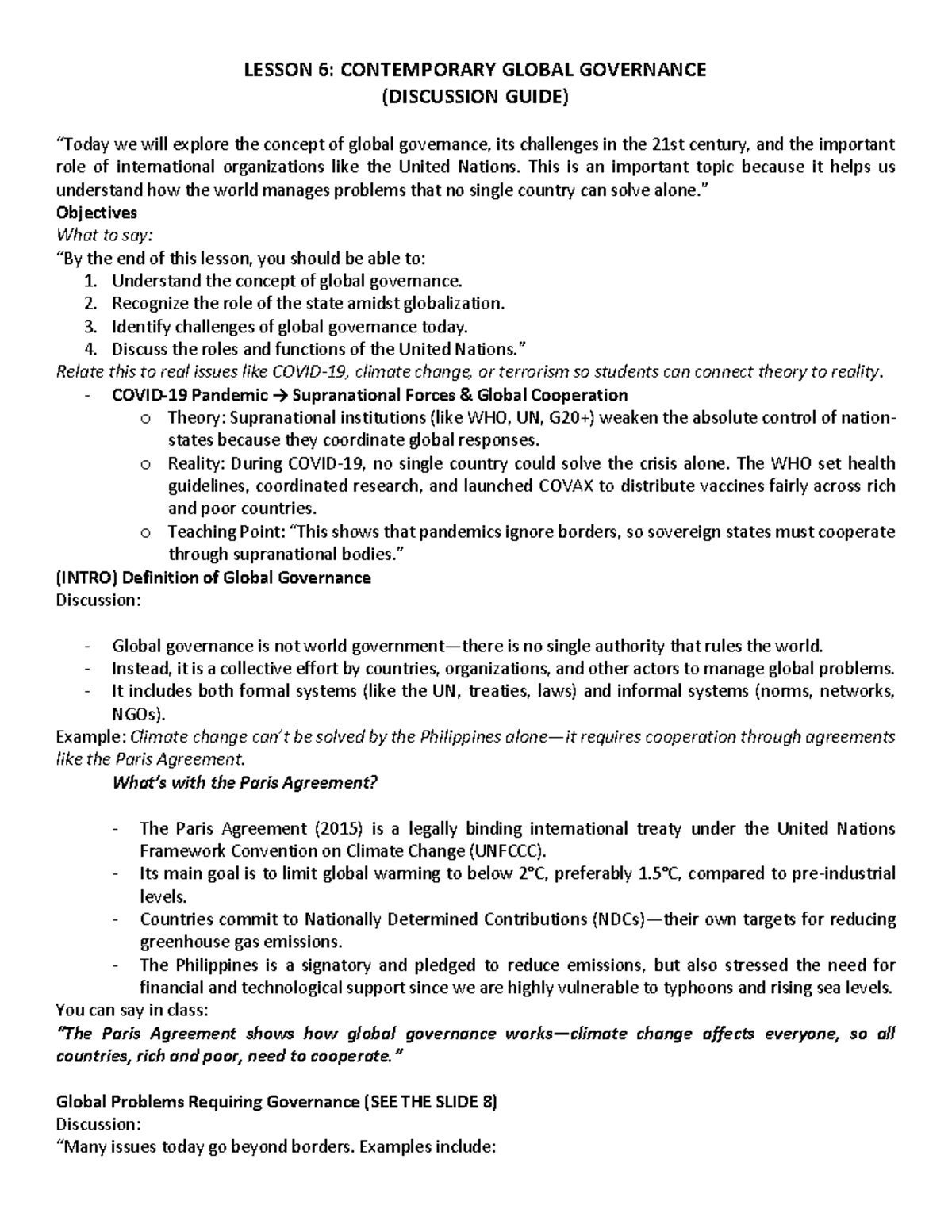 LESSON 6: GLOBAL GOVERNANCE IN THE 21ST CENTURY (DISCUSSION GUIDE ...