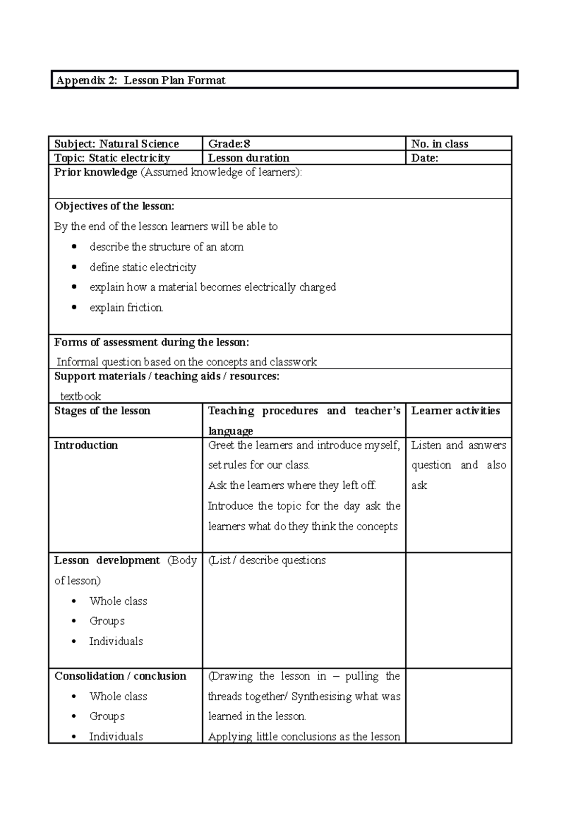 Lesson Plan Template for Natural Science (Grade 8) - Studocu