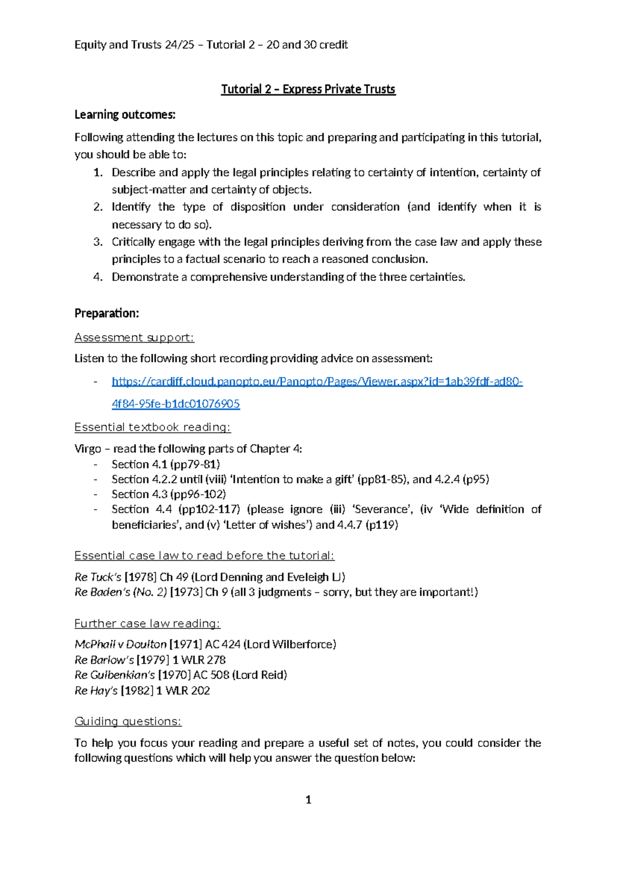 Equity and Trusts 24/25: Tutorial 2 Worksheet on Express Private Trusts ...