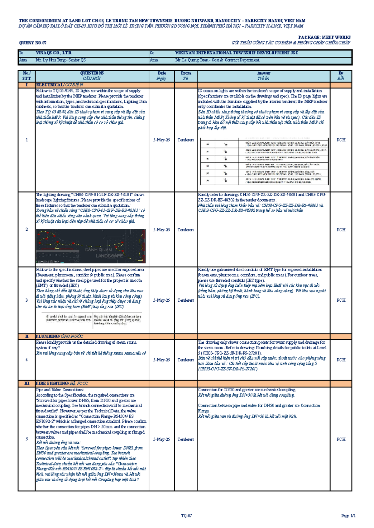 MEPF Works Query No.07 for ParkCity Hanoi Project - Studocu