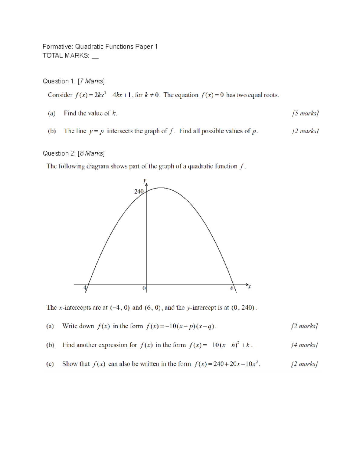 Math Quadratic Functions Practice Past Papers - Formative: Quadratic ...