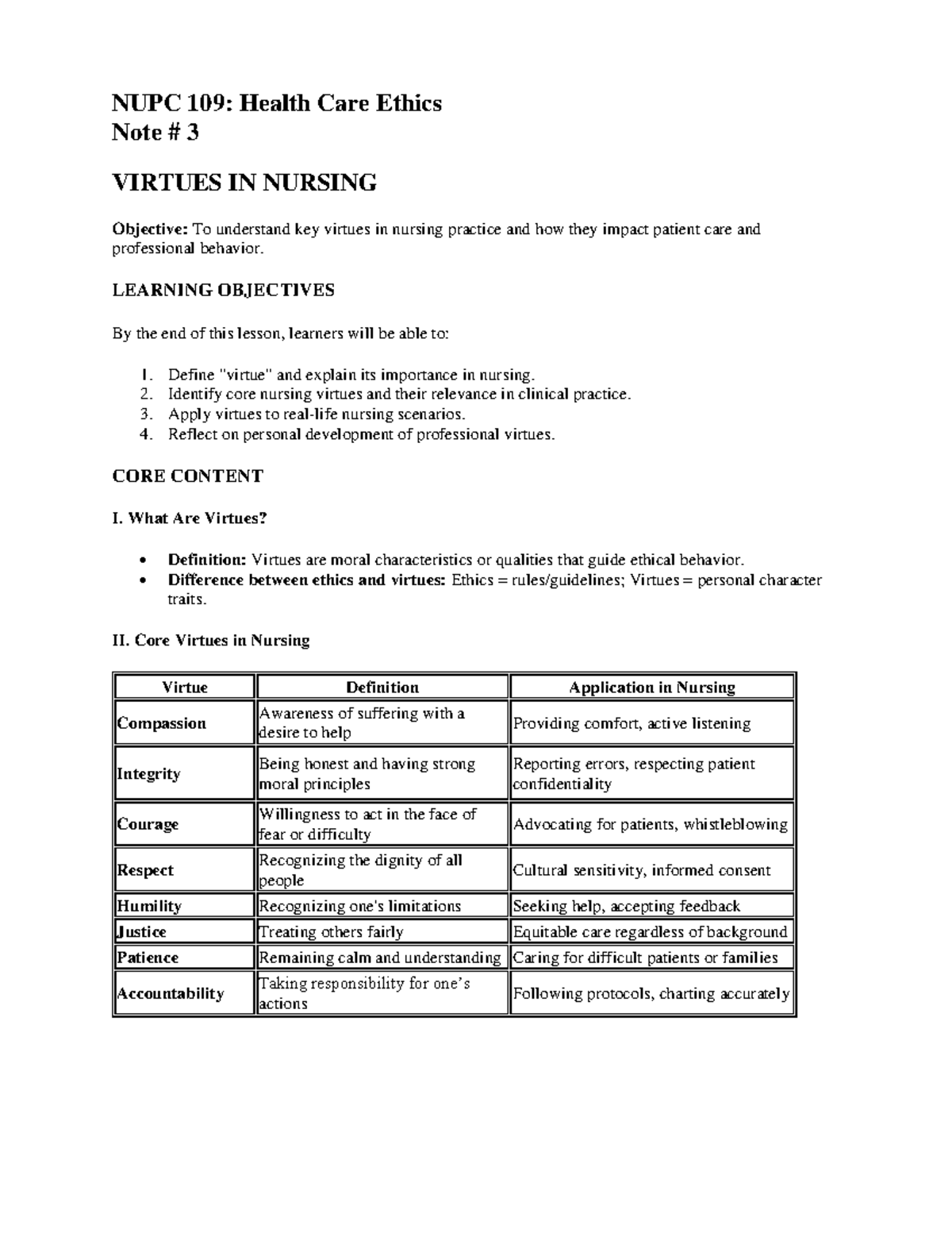 NUPC 109: Lecture Note 3 - Virtues in Nursing and Core Values - Studocu