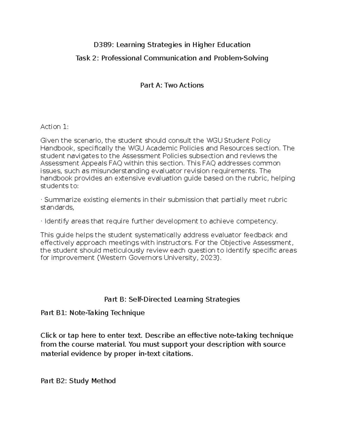 D389: Learning Strategies in Higher Ed - Task 2 Communication & Actions ...