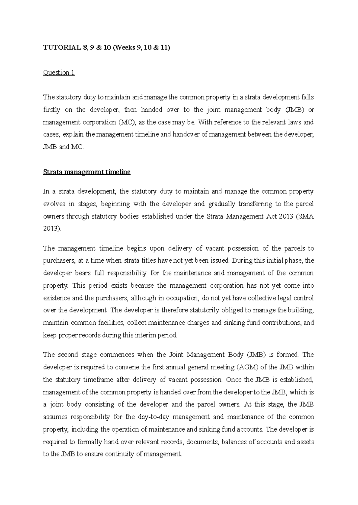 Tutorial 8, 9 & 10 (Weeks 9-11) Q1: Strata Management Duties & Timeline ...
