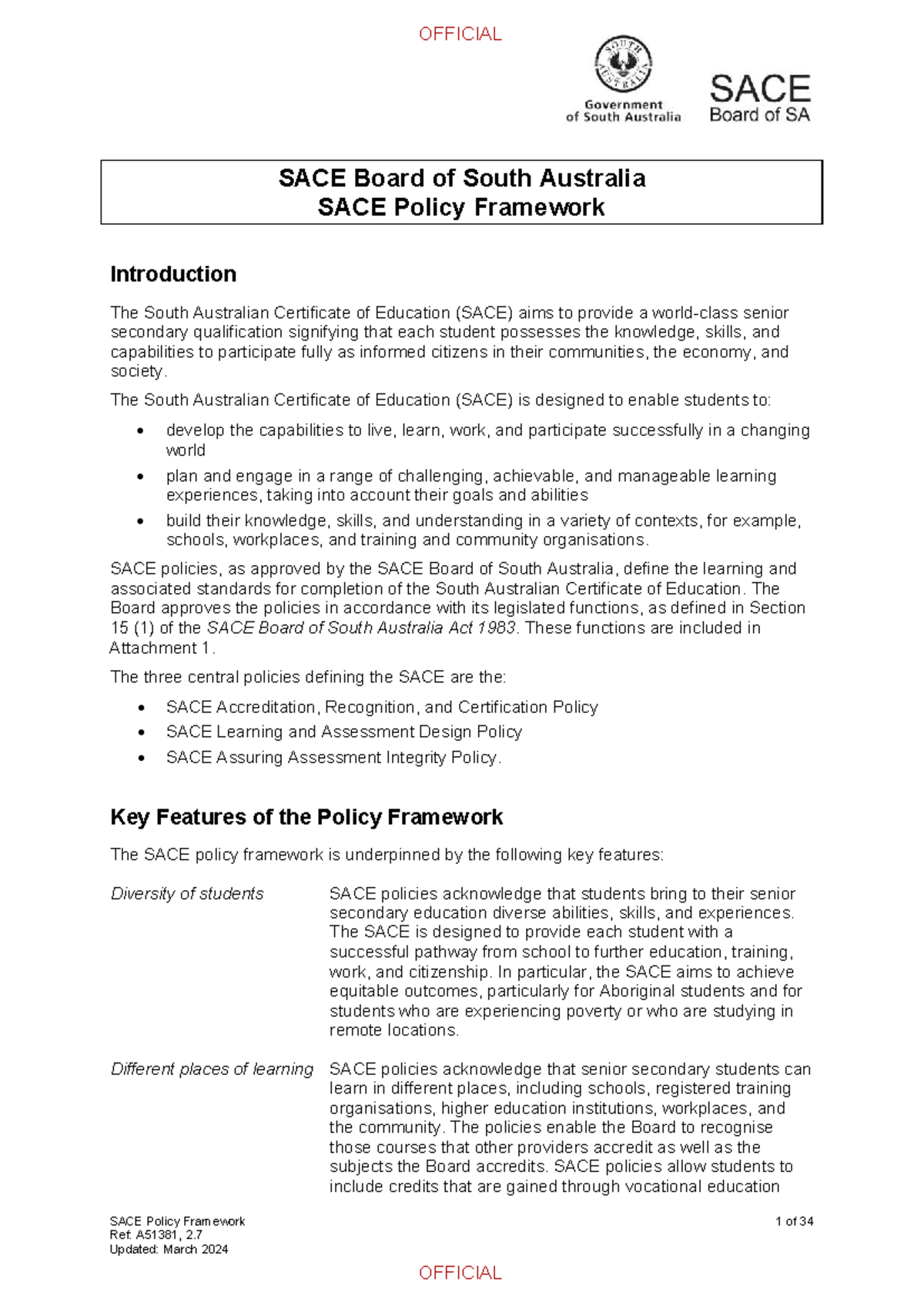 SACE Policy Framework Overview and Key Features (Ref: A51381) - Studocu