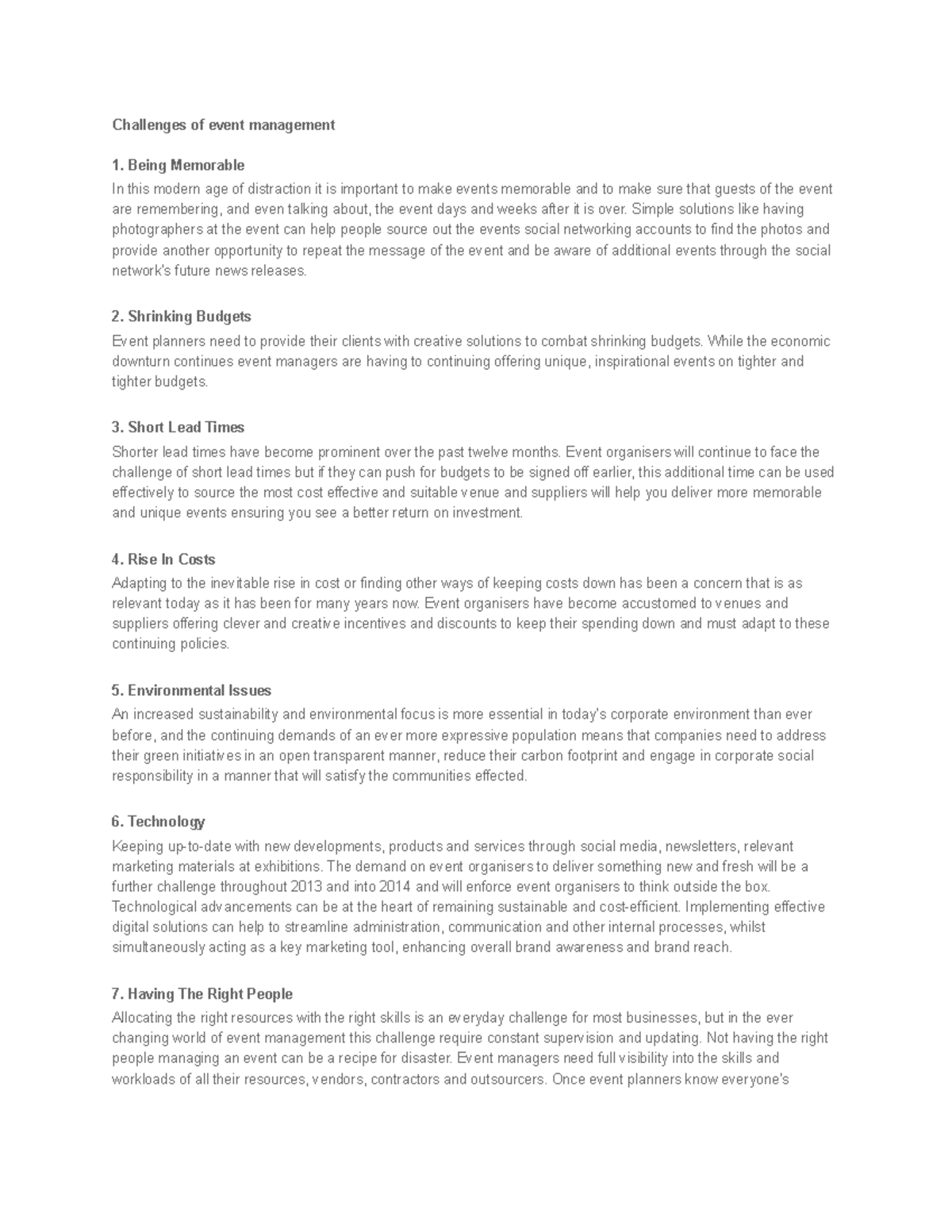 Challenges of Event Management Notes: Strategies for Success - Studocu