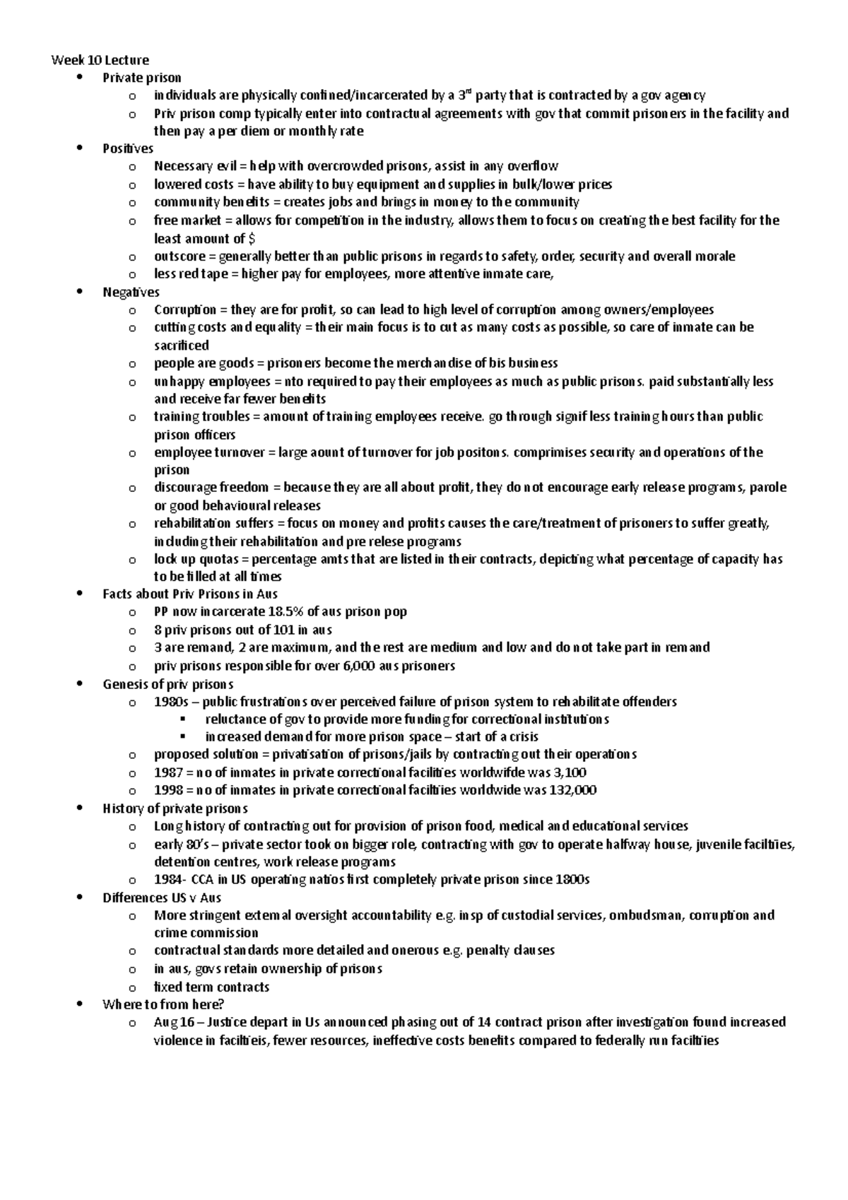 CRI2103 Week 10 Lecture - Week 10 Lecture Private prison o individuals ...