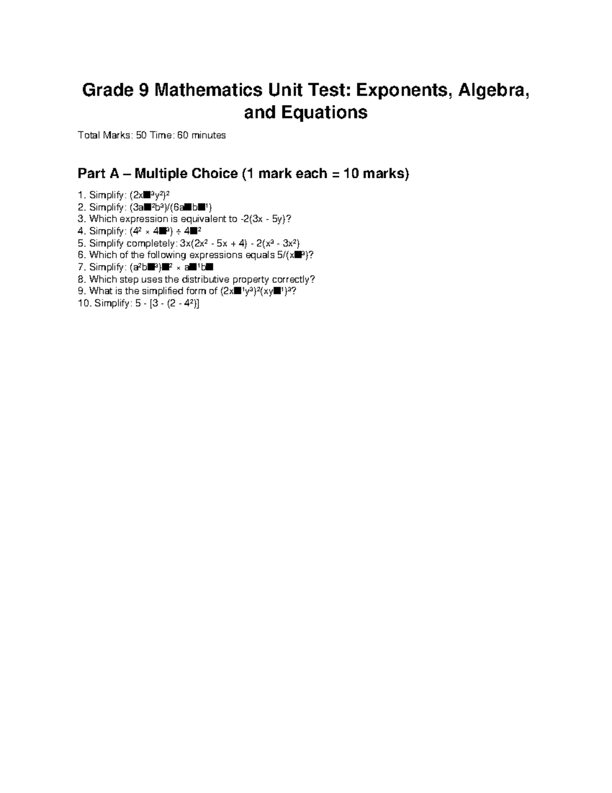 Grade 9 Math Unit Test: Exponents, Algebra & Equations - Studocu