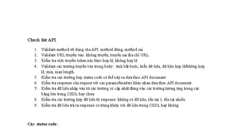 Check List API Validation and Response Testing Guide - Studocu