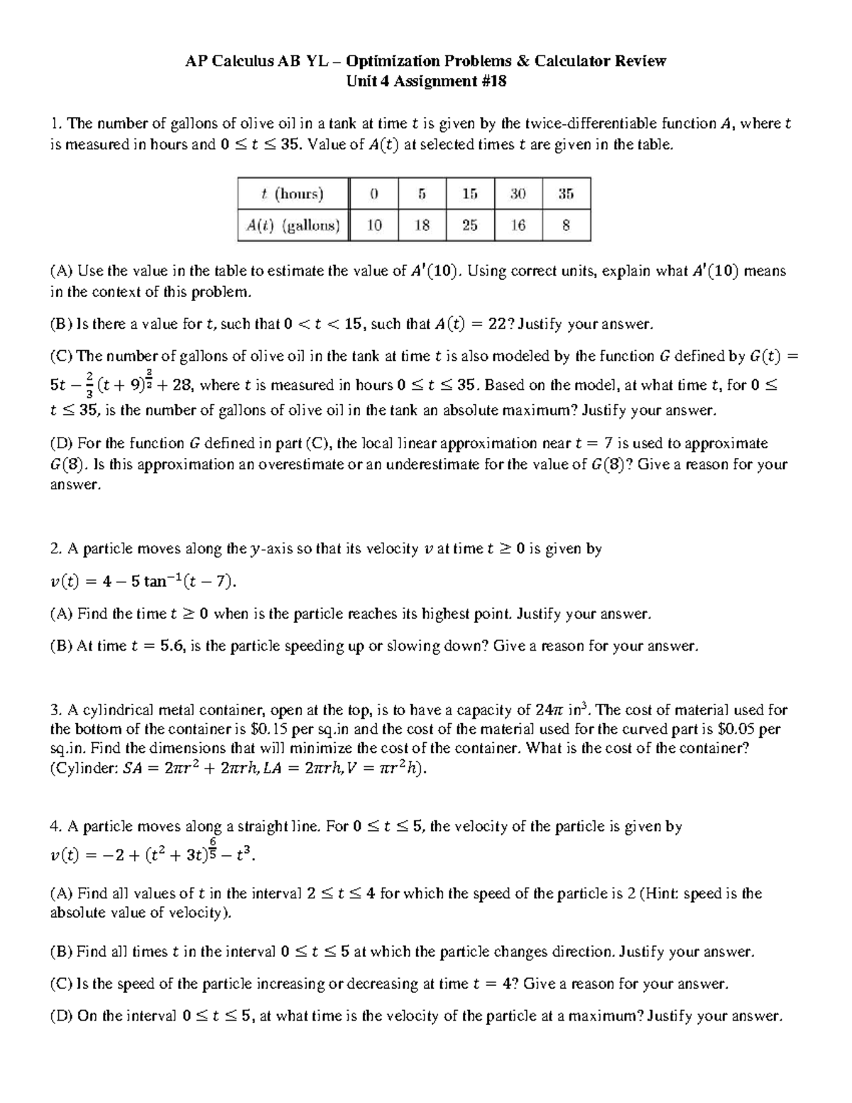 AP Calculus AB YL Optimization Problems Review - Unit 4 Assignment 1 ...