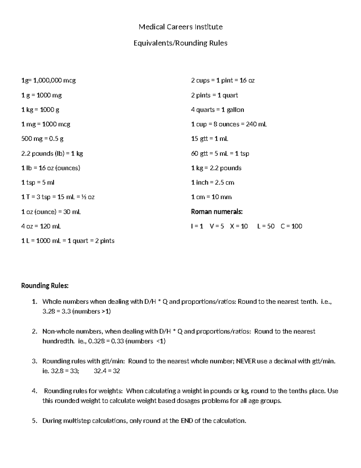 Equivalents.Rounding Rules - Medical Careers Institute Equivalents ...