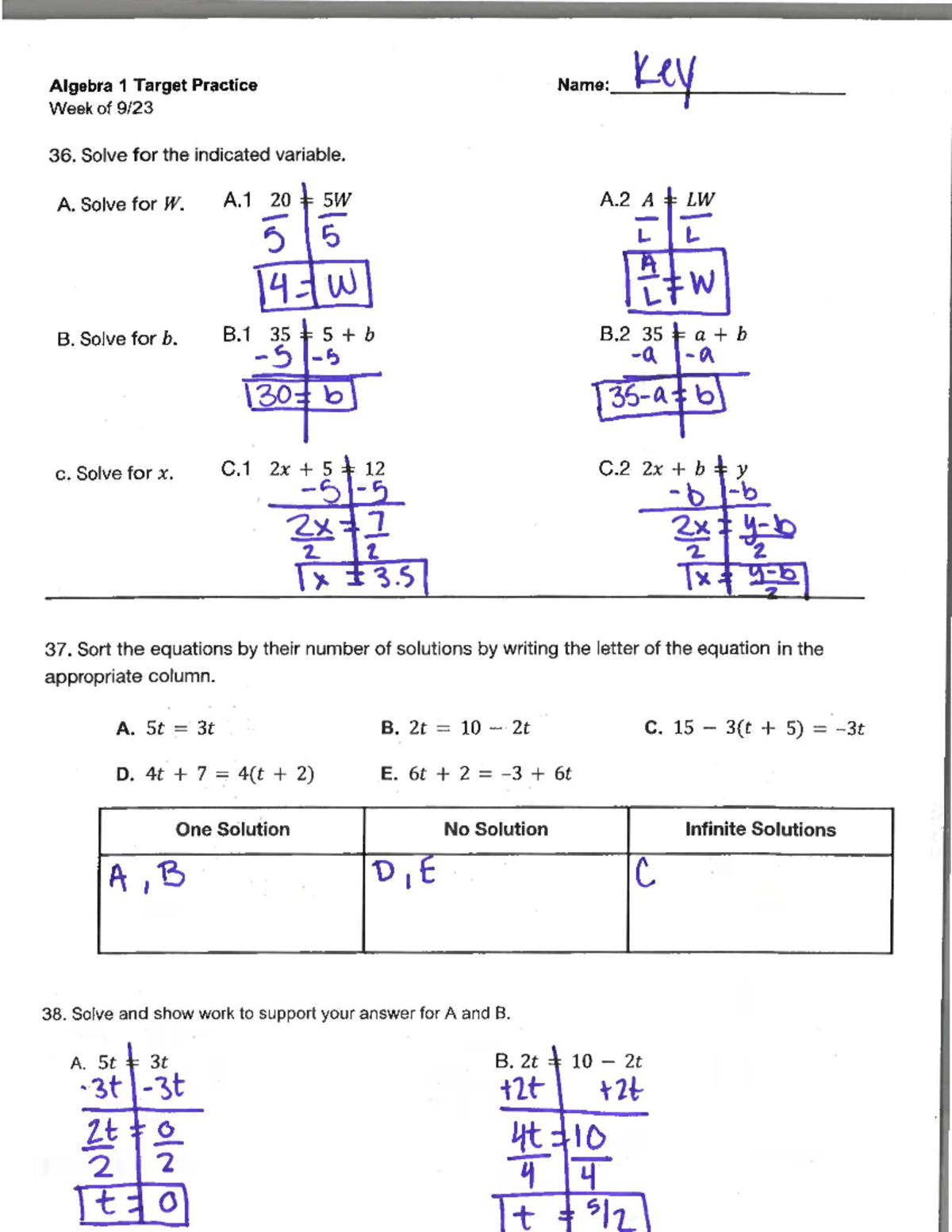 Algebra 1 practice set #6 answer key for variable solving and equations ...