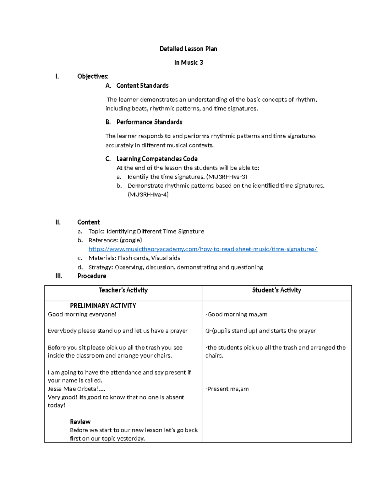 Detailed Lesson Plan in Music 3: Understanding Time Signatures - Studocu