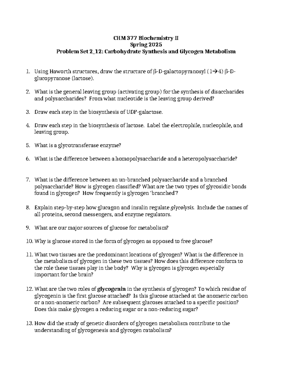 CHM 377 Biochemistry II Spring 2025 Problem Set 2: Carbohydrate ...