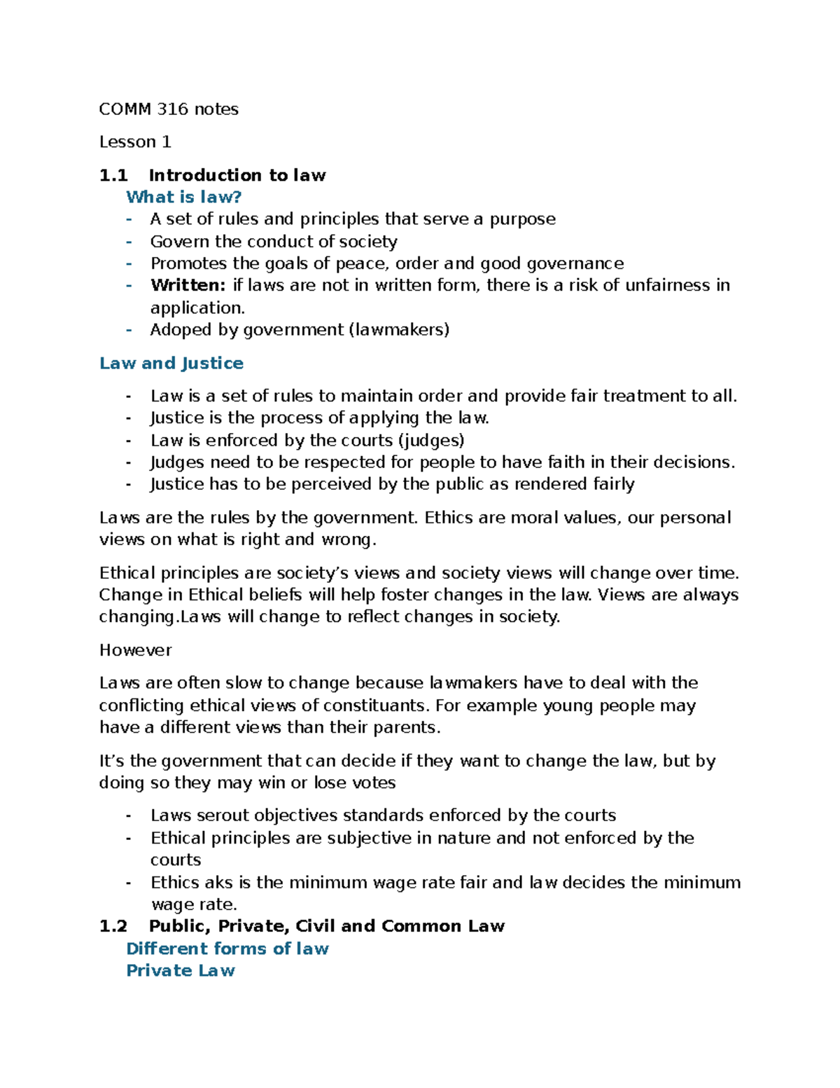 COMM 316 Lecture Notes: Lessons 1 & 2 on Law and Ethics - Studocu