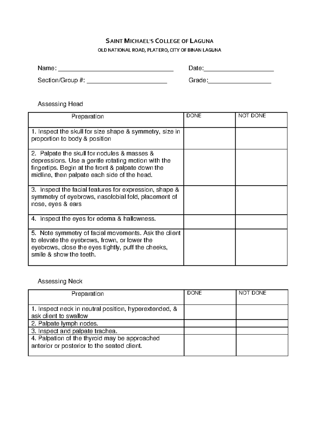 Head and Neck Assessment Checklist (HN-101) - Studocu