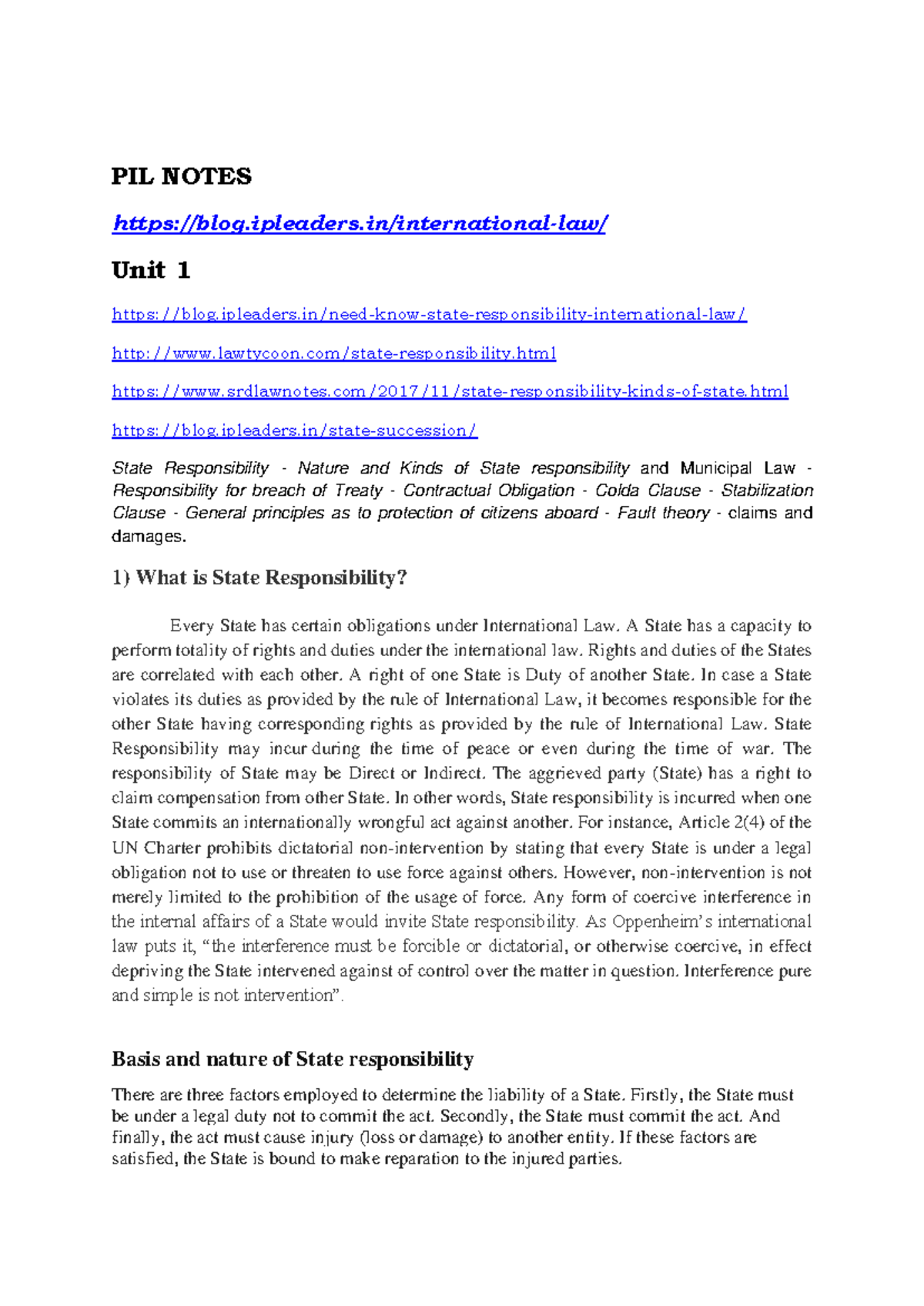 PIL 101: Comprehensive Notes on State Responsibility in Intl. Law - Studocu