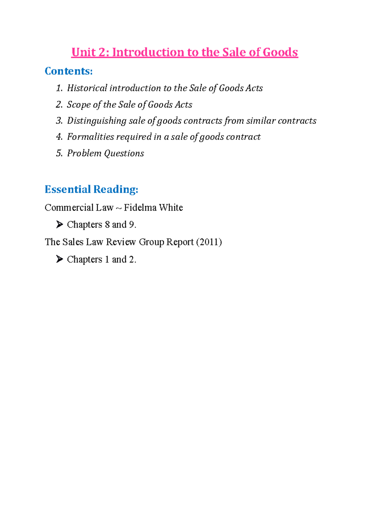 Unit 2: Intro to Sale of Goods Act - Key Concepts & Analysis - Studocu