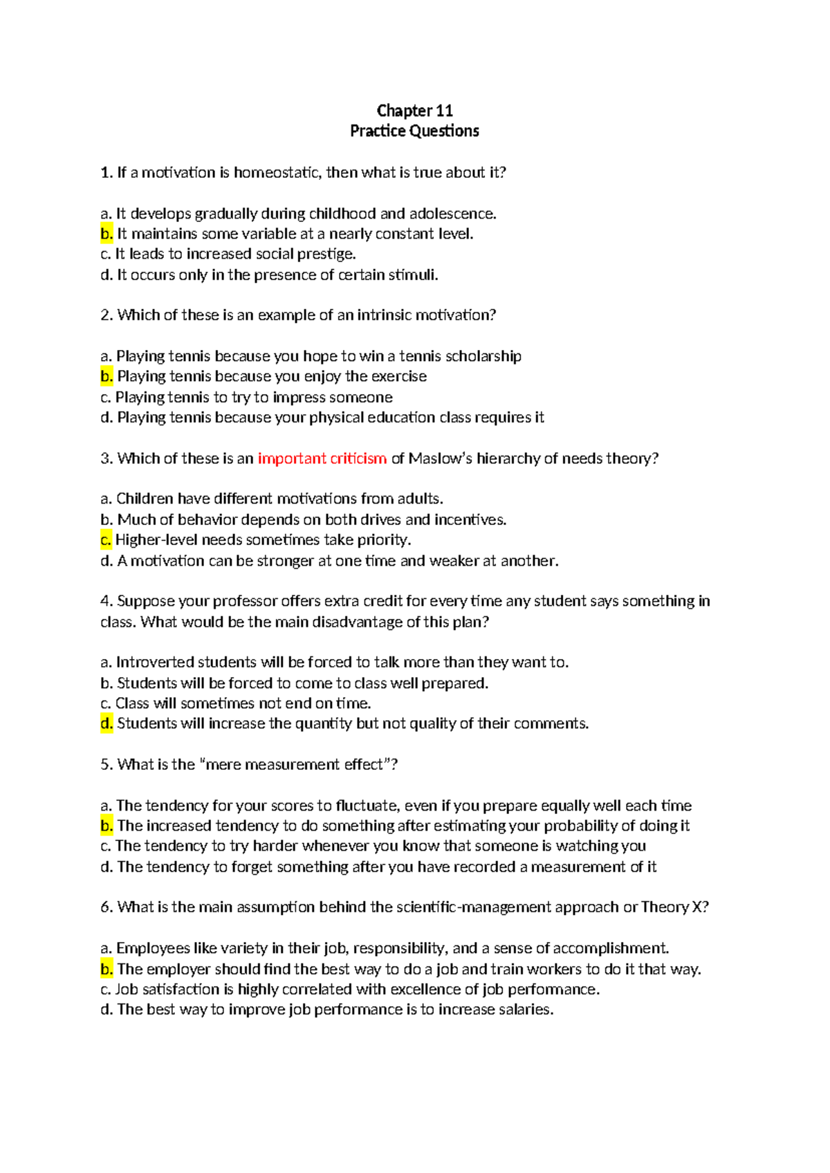 Chapter 11 Practice Questions on Motivation and Behavior - Studocu