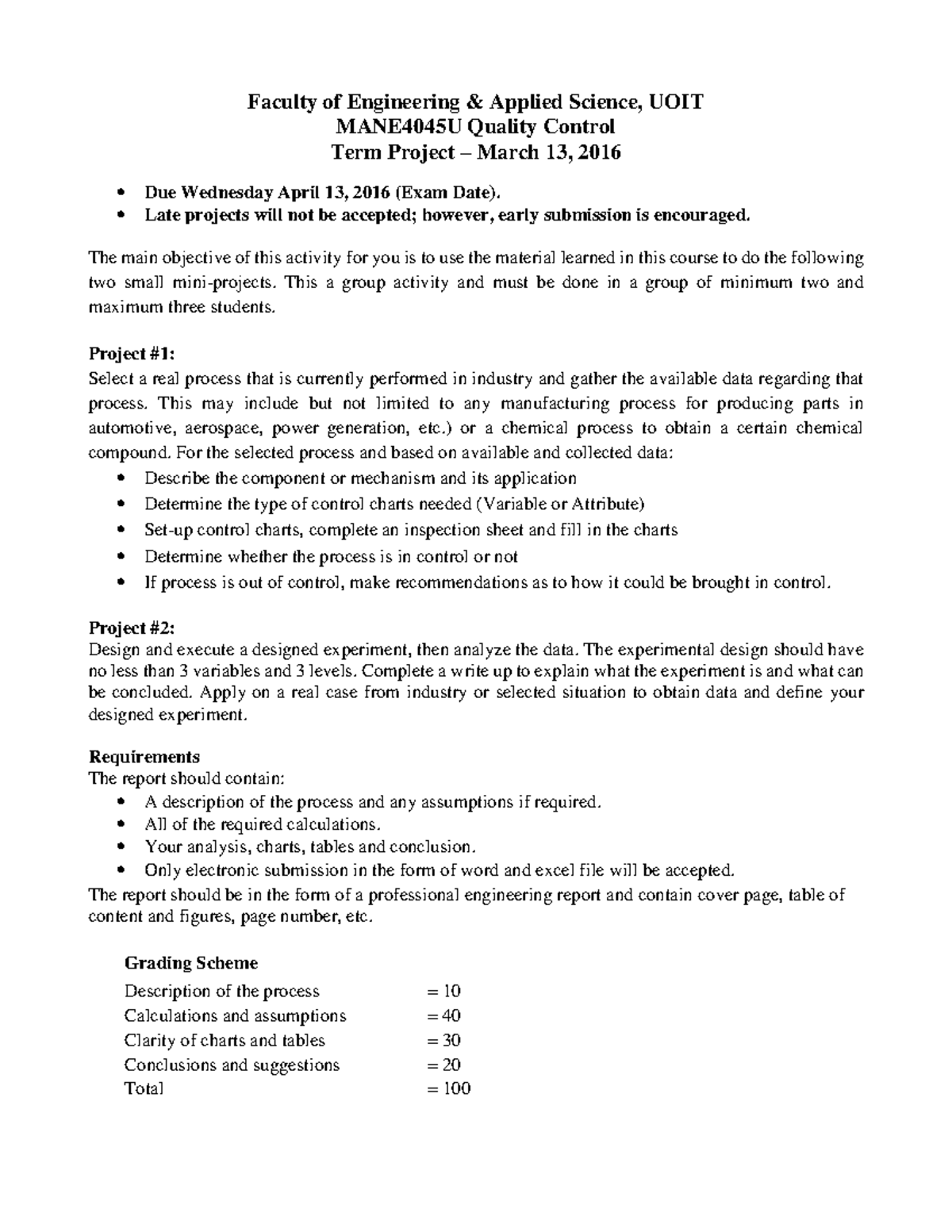 Term Project Outline - Faculty of Engineering Applied Science, UOIT ...