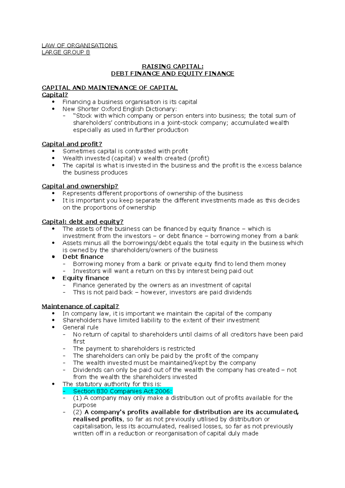 LG 8 - Lecture notes 8 - LAW OF ORGANISATIONS LARGE GROUP 8 RAISING ...