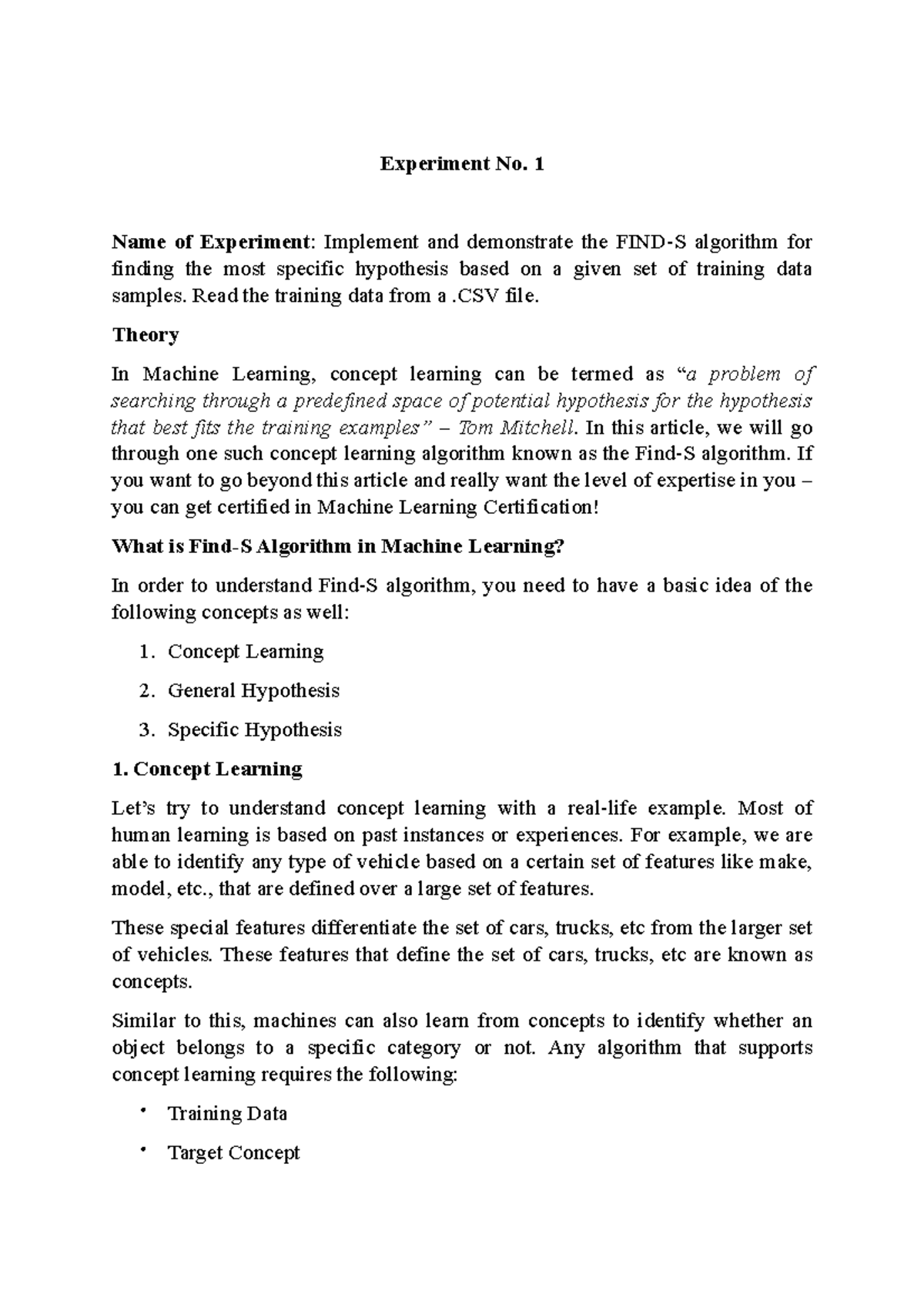 Experiment 1: Implementing the Most Specific Hypothesis Algorithm - Studocu