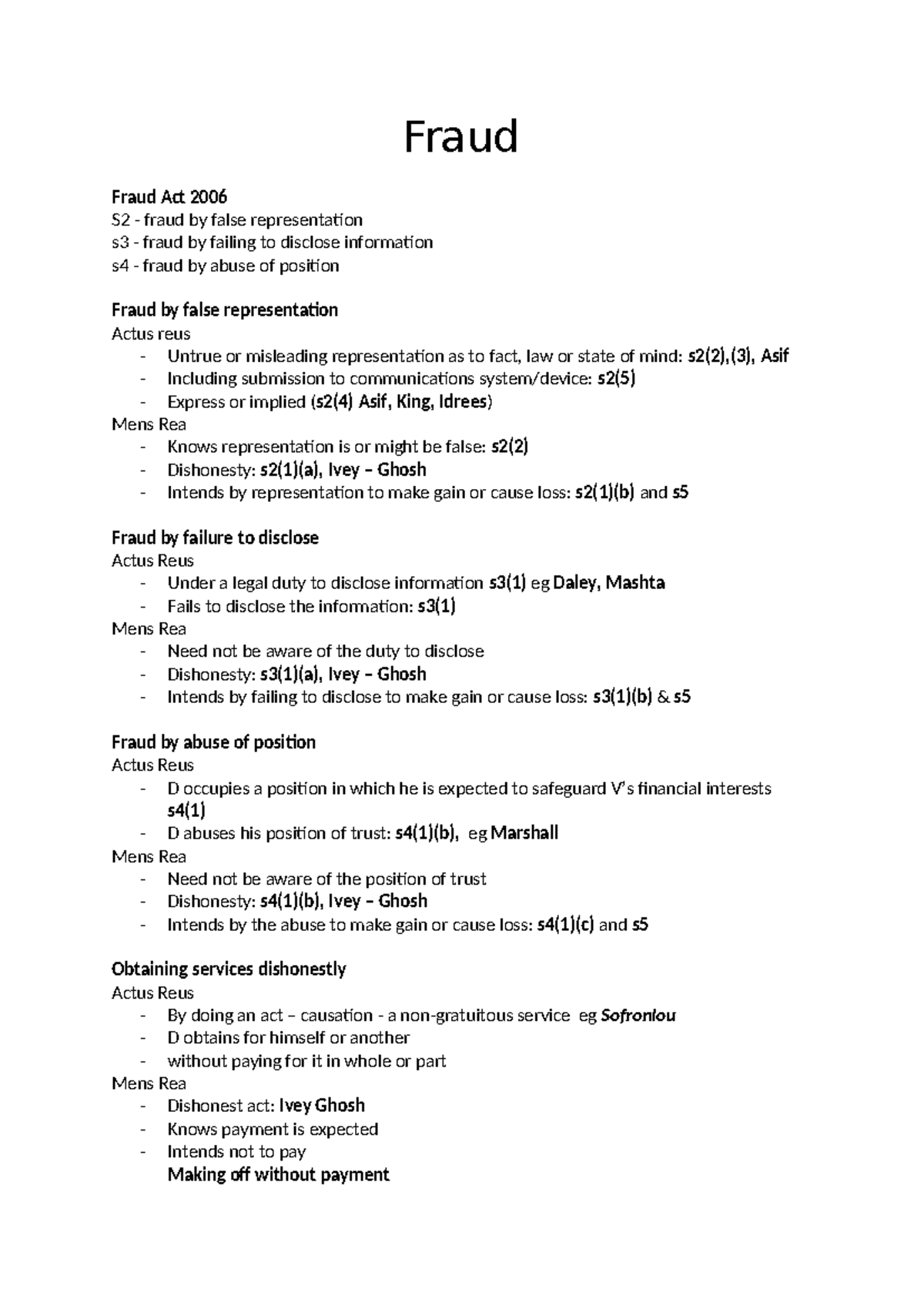 Fraud Notes - Fraud Fraud Act 2006 S2 - fraud by false representation ...