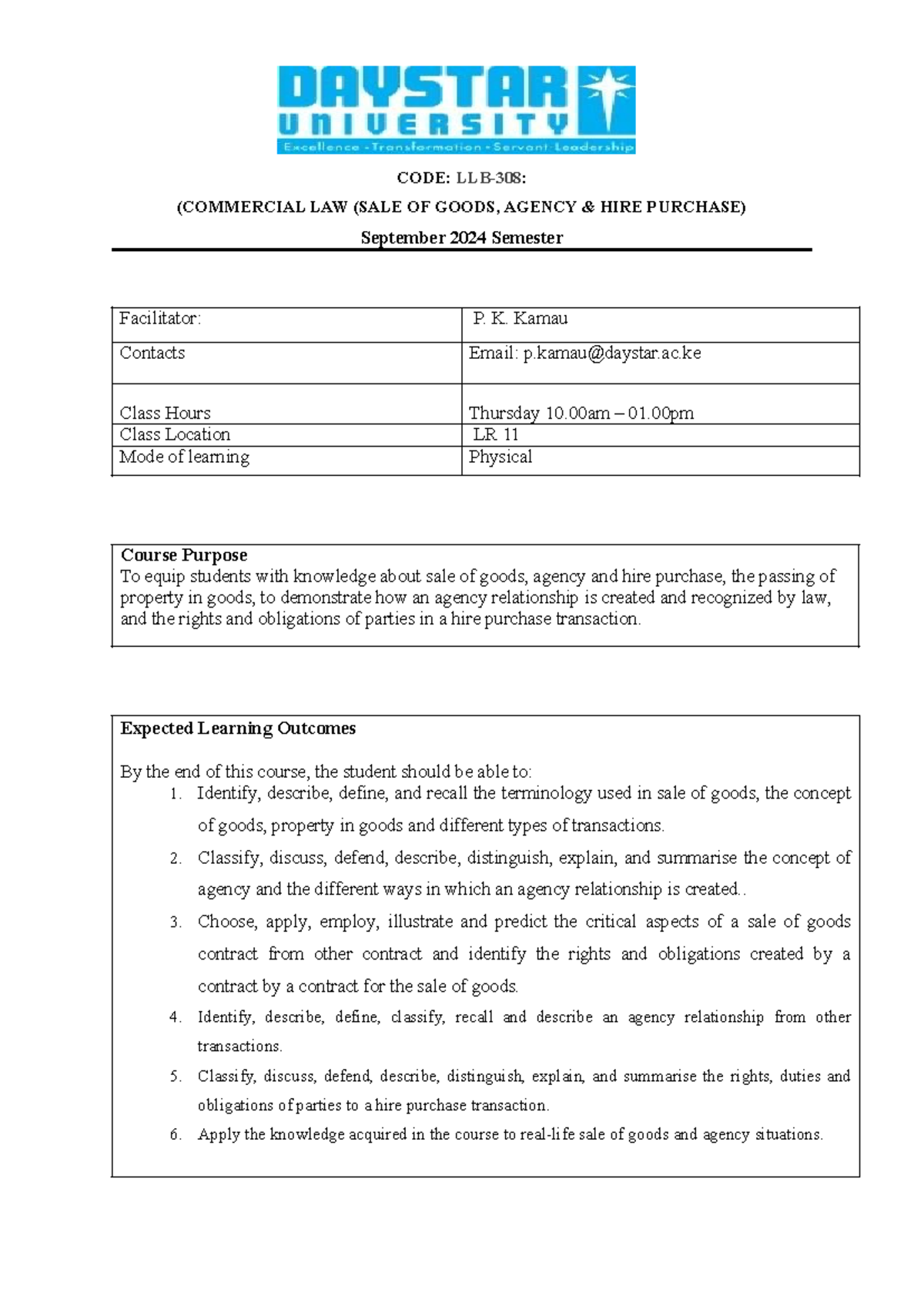 **LLB-308: Course Outline for Commercial Law - Sale, Agency & Hire ...