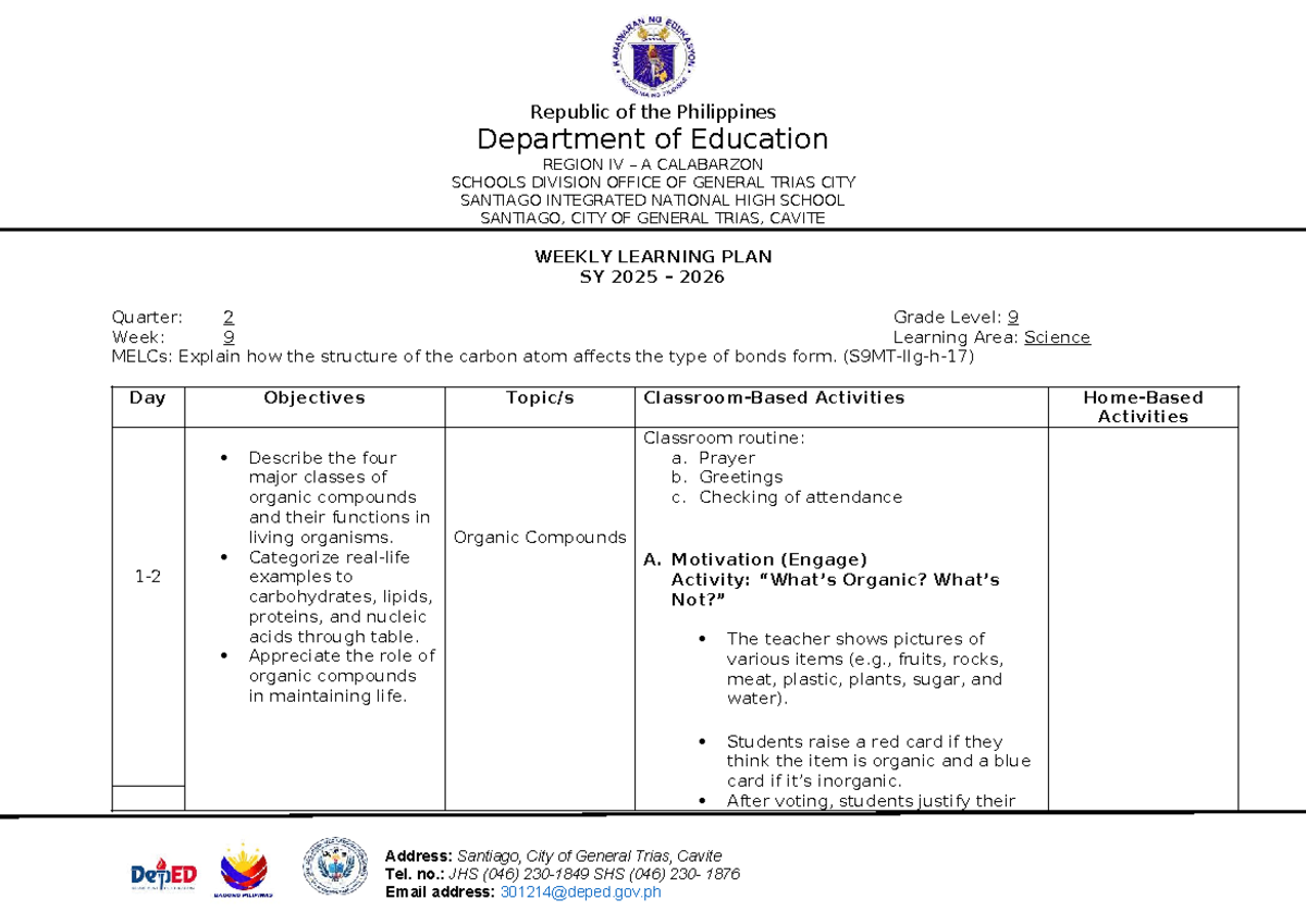 Bartolome WLP Q2 W9: Science 9 Learning Plan on Organic Compounds - Studocu