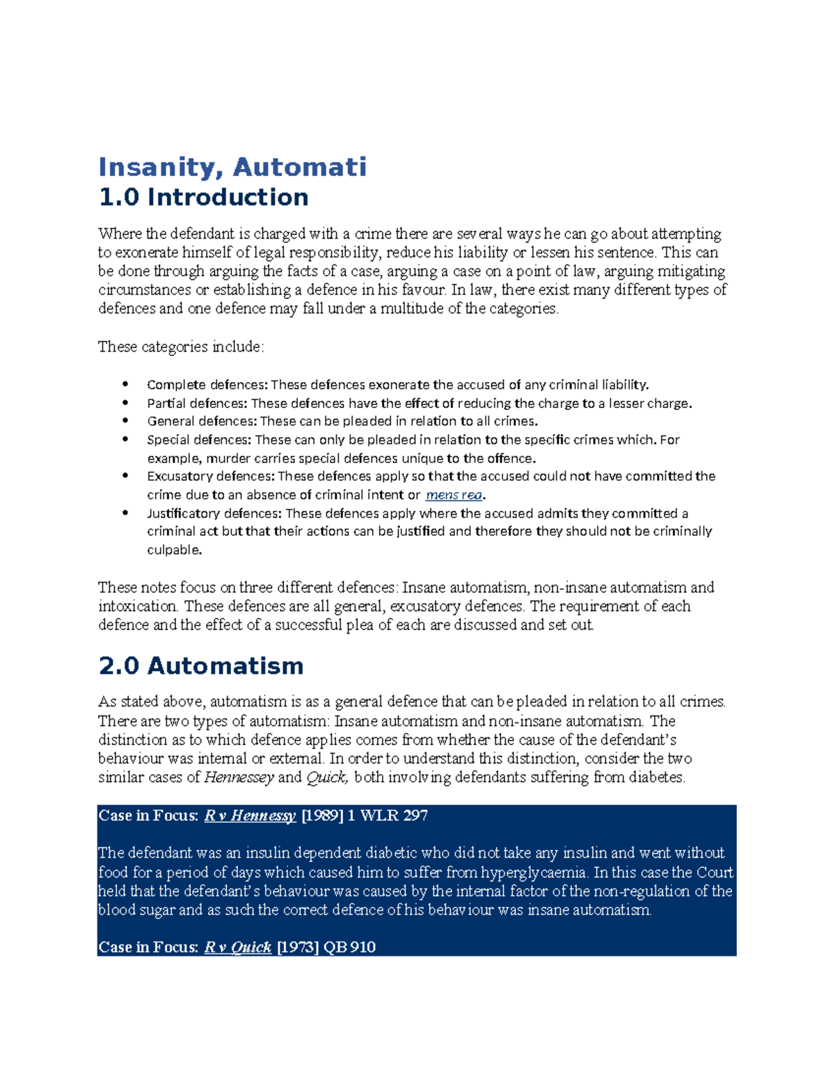 Insanity Defences: Understanding Insane Automatism and 
