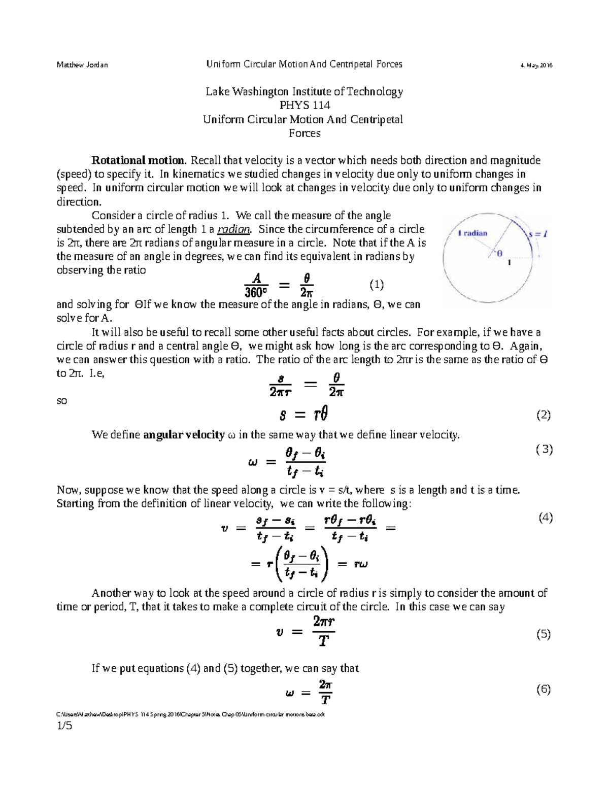 Uniform Circular Motion Notes for PHYS 114: Understanding Forces and ...