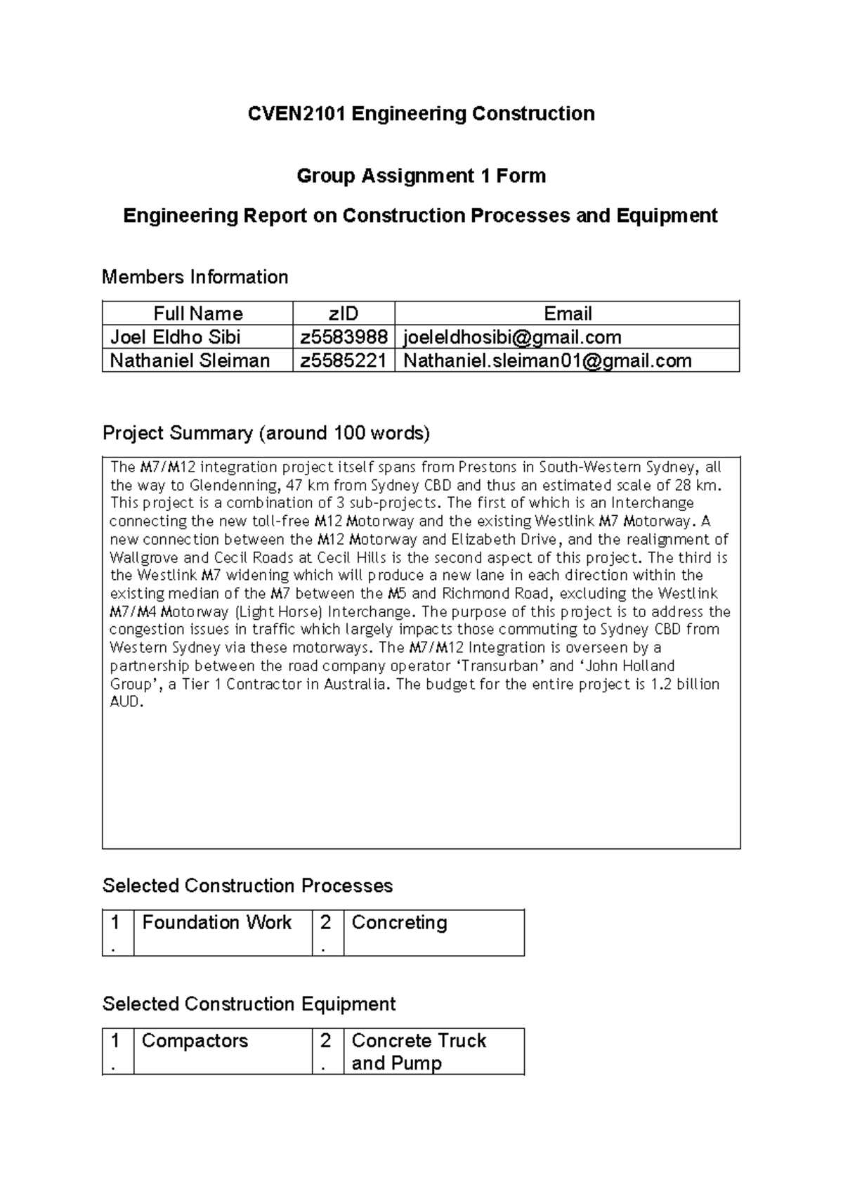 CVEN2101 - Engineering Construction Group Assignment 1 Report - Studocu