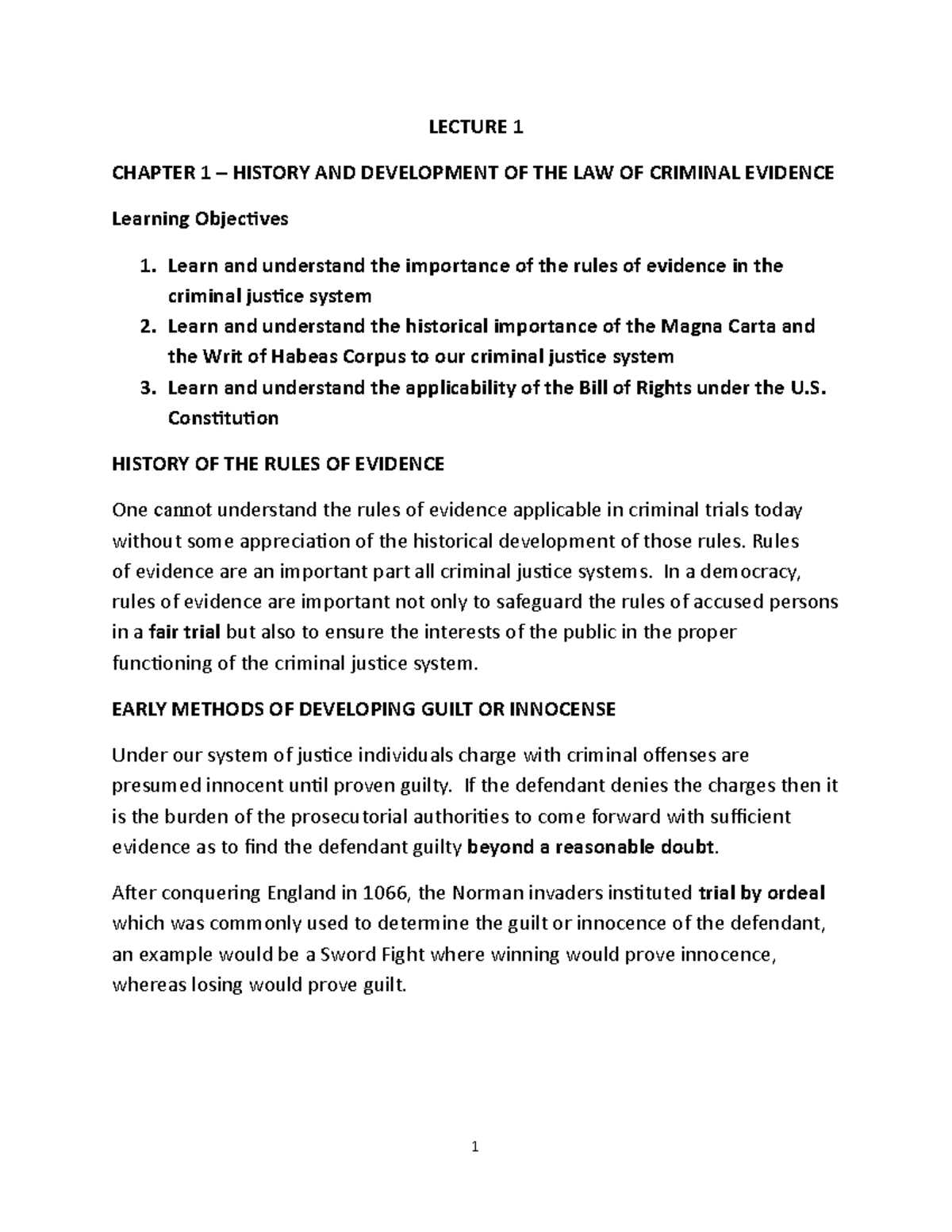 CJL4133. Lecture 1: History of Criminal Evidence and Key Principles ...