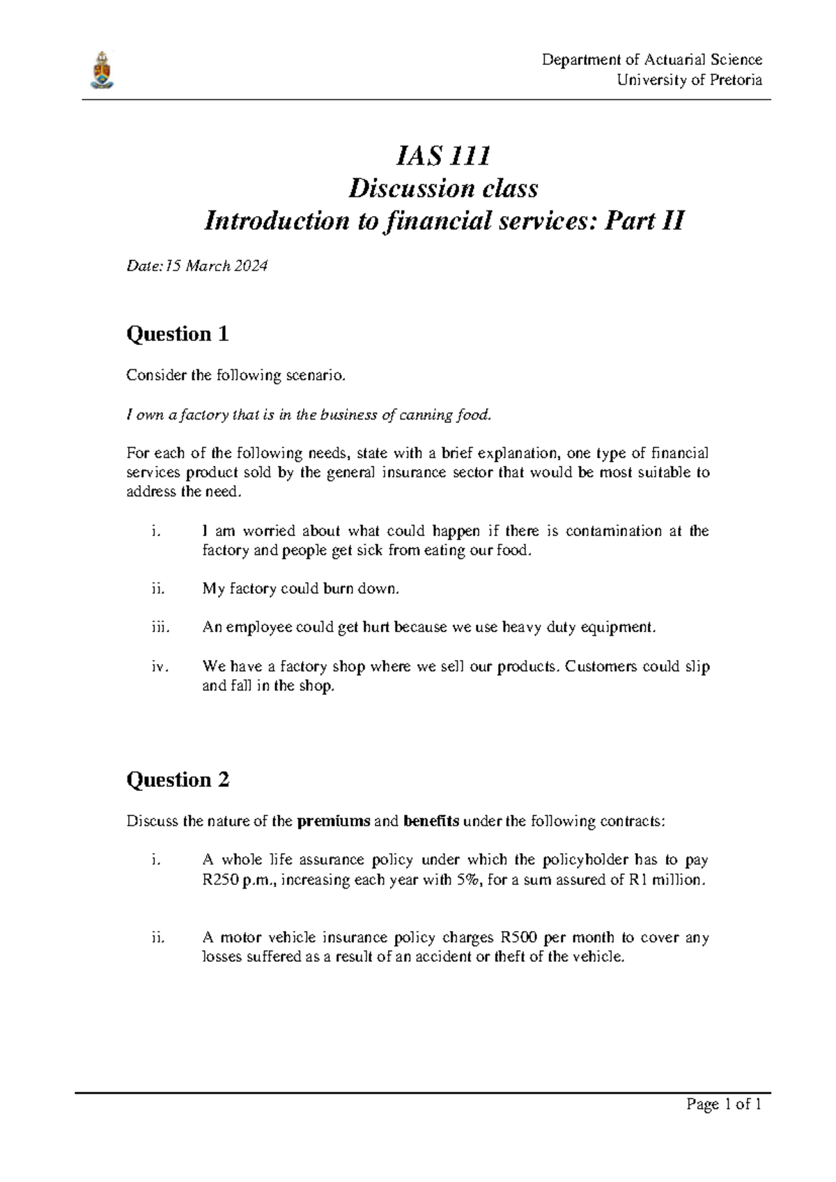 IAS 111 Financial services part 2 - Department of Actuarial Science ...
