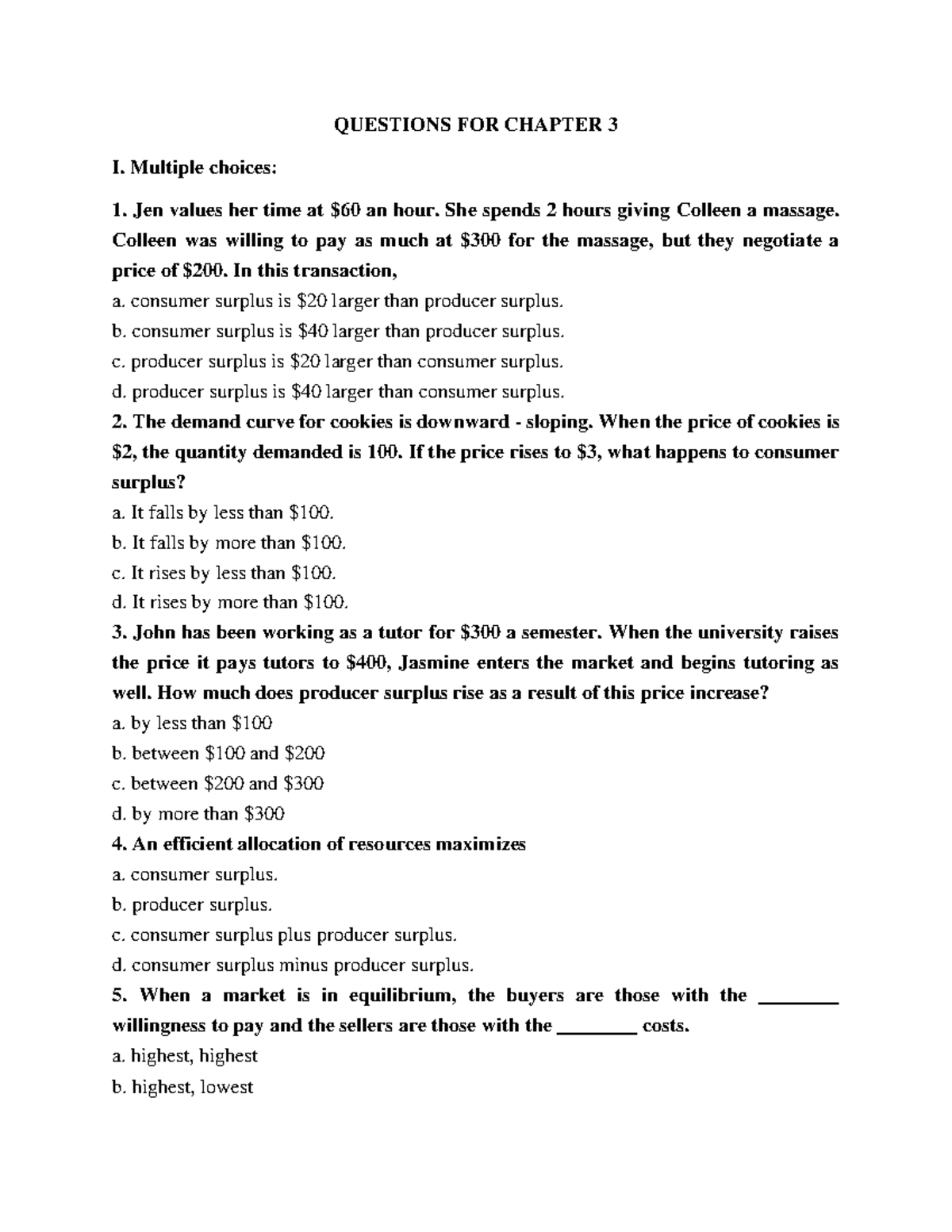 Questions for Chapter 3 - Economics Quiz - Studocu