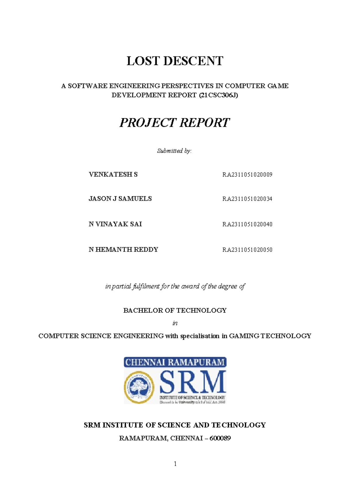 LOST DESCENT: Software Engineering Perspectives in Game Dev (21CSC306J ...