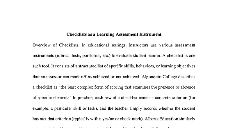 Learning Assessment Instruments: Overview of Checklists in Education ...