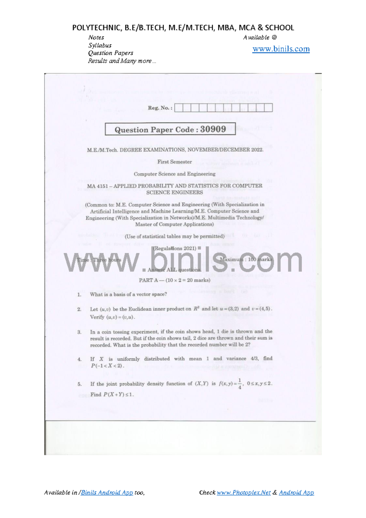 MA 4151 Old Question Paper: Applied Probability & Stats for CSE - Studocu