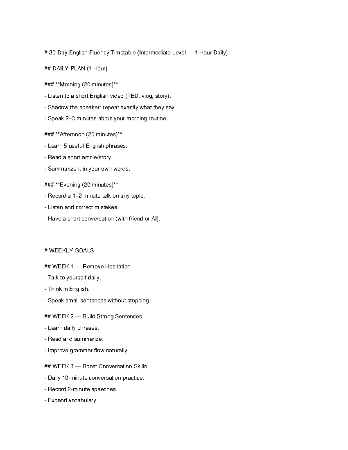 Intermediate English Fluency Timetable (1 Hour Daily Plan) - Studocu