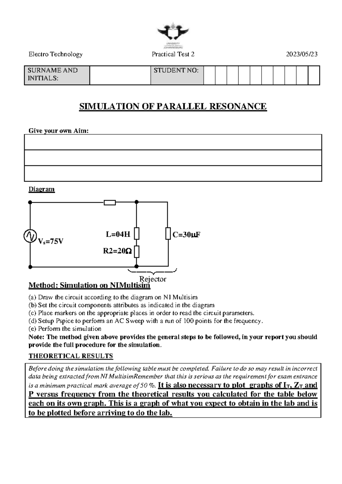 Electro Technology Practical Test ELT 2023: Parallel Resonance ...