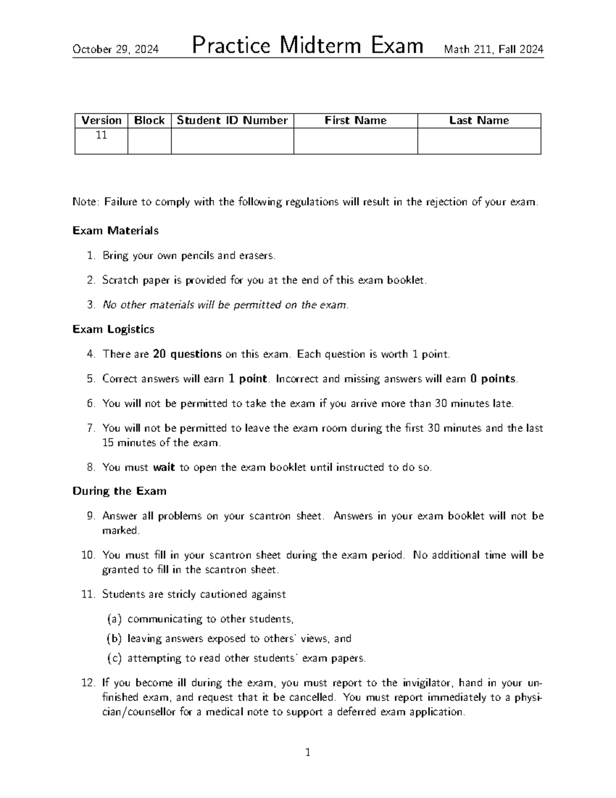 Practice midterm - Version 11 Block Student ID Number First Name Last ...