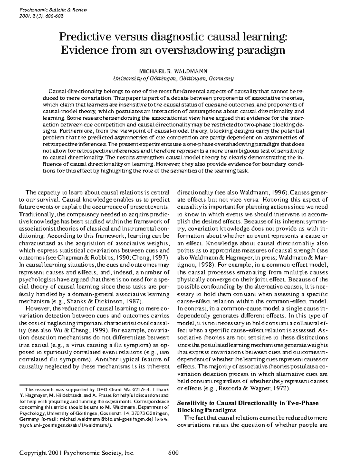 Causal Learning Insights: Predictive vs. Diagnostic in Overshadowing ...