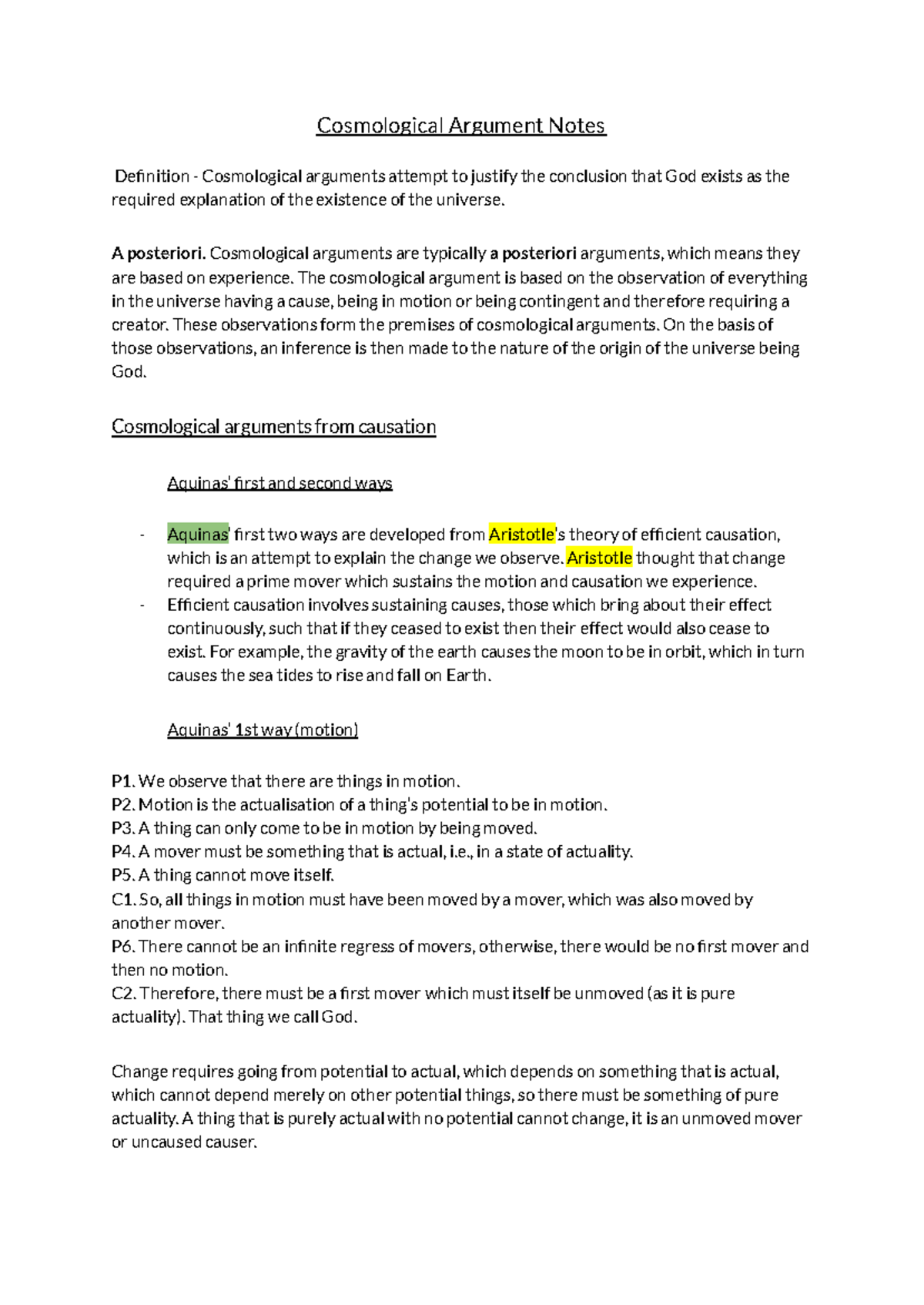 Cosmological Argument Notes: A Study on Existence and Causation - Studocu