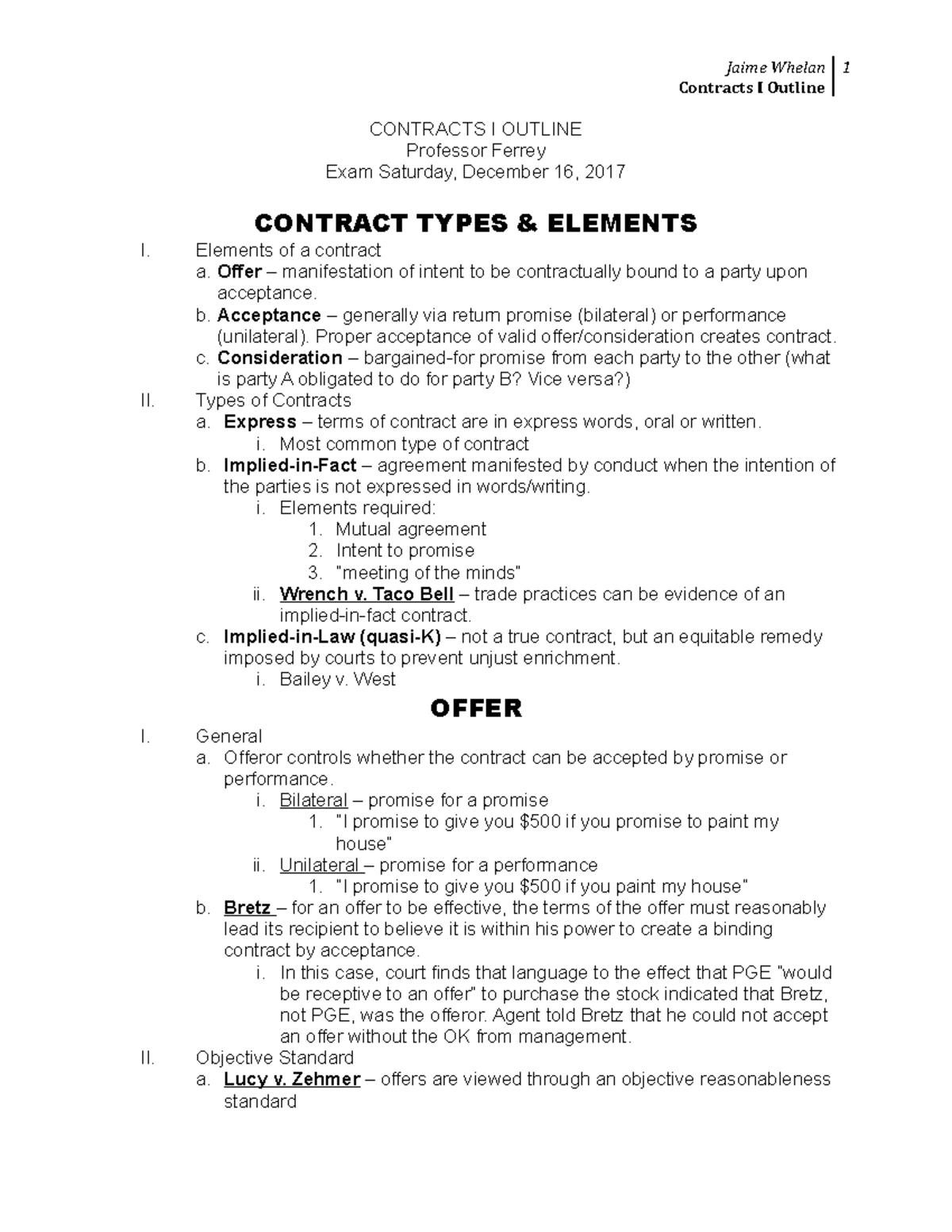 Final Exam Contracts I Outline - Key Concepts and Principles - Studocu
