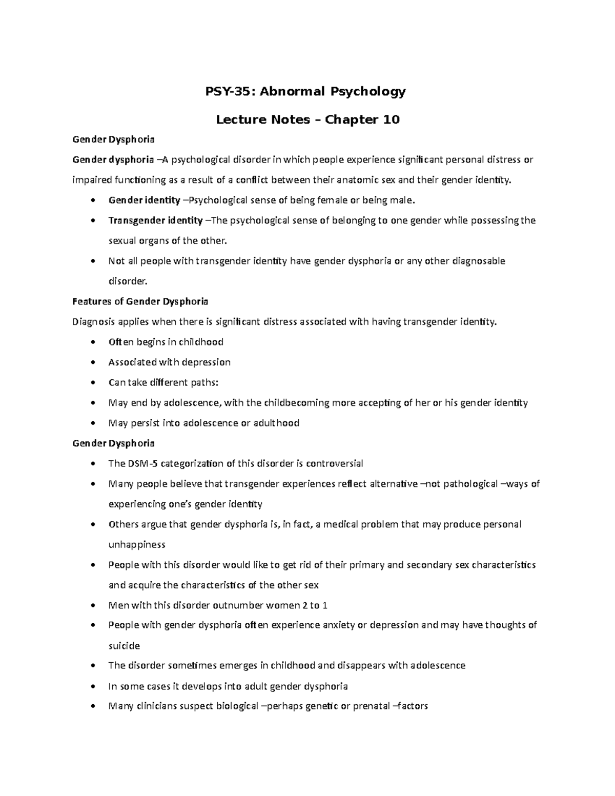 Chapter 10 Lecture Notes - Disorders Involving Gender and Sexuality ...